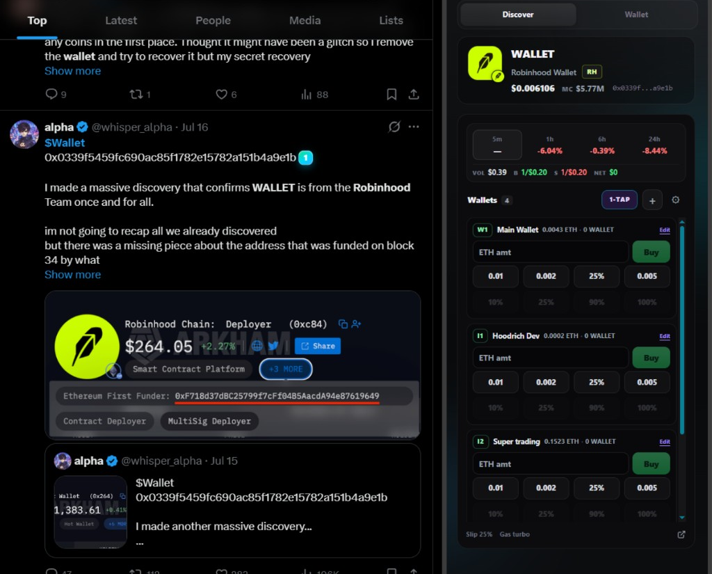 HoodWallet side panel detecting and trading a token found on X